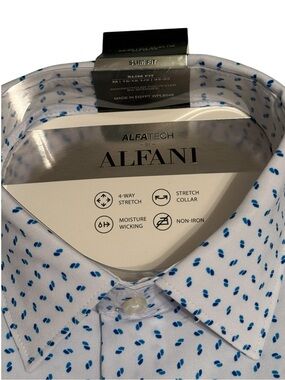 Alfani Slim Fit Alfatech Dress Shirt Men Size 15-15 1/2 32/33 White Cobalt Blue